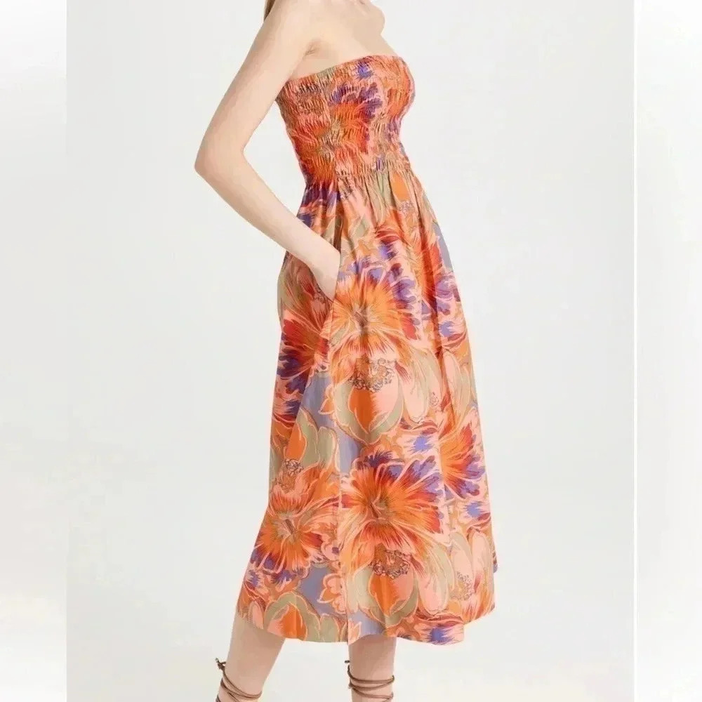 Mikoh Lido Women's Size 1 XS Vivid Floral Dress Midi Shirred Strapless Pockets - Picture 8 of 16
